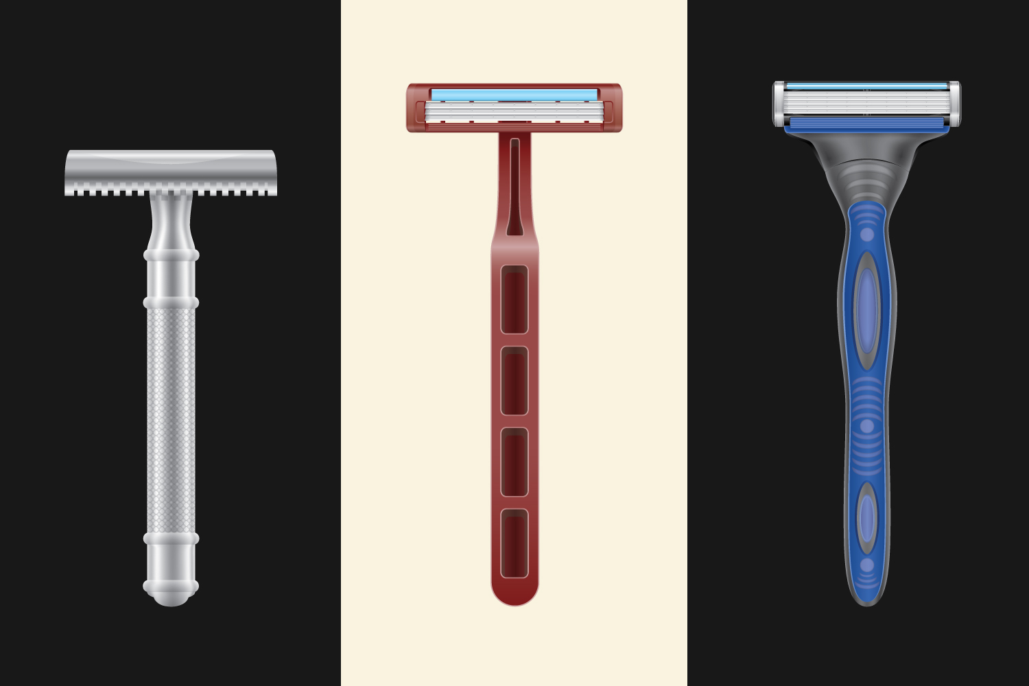 Three men's razors, one a safety razor with one blade, one with three blades and a third one with five blades