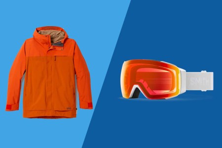 The best ski gear includes the REI Co-op Powderbound Insulated Jacket and Smith I/O Mag ski goggles, on a blue background