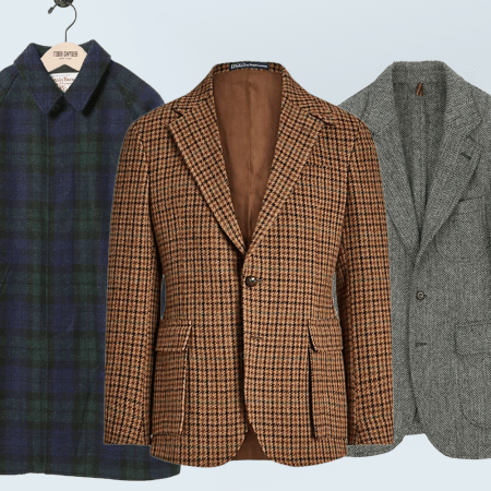 Todd Snyder Harris Tweed Collar Coat; RL67 Checked Wool Tweed Jacket; Drake's Grey Herringbone Harris Tweed Games Blazer