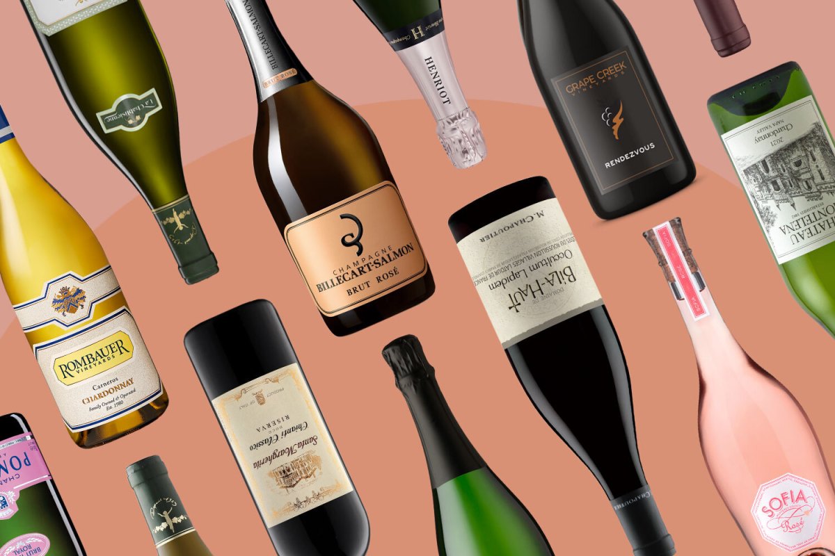 a bunch of wine bottles repeating on a peach background