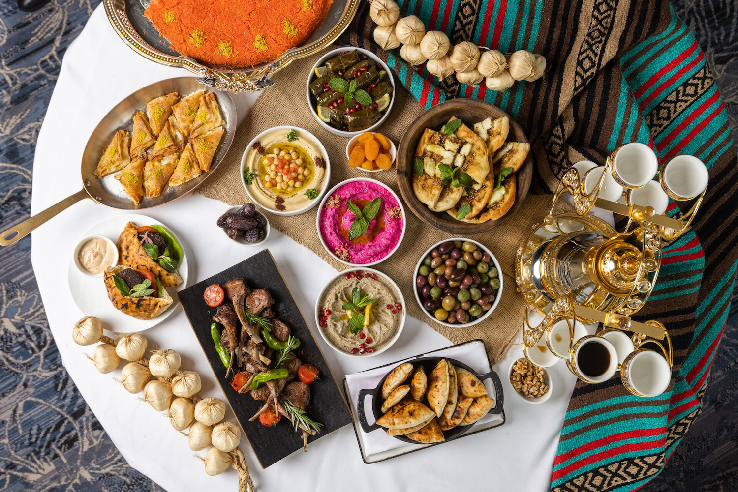 Spread of Mediterranean food on a table