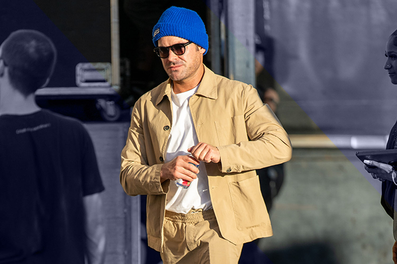 Zac Efron in a kahki workweat set