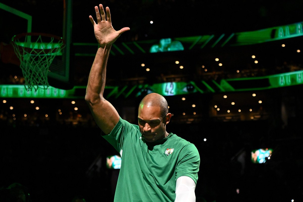 Al Horford of the Boston Celtics is introduced before an NBA game.