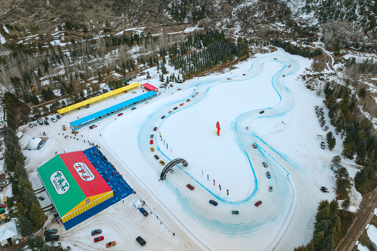 A drone shot of the ice track at the inaugural U.S. edition of the F.A.T. Ice Race in Aspen, Colorado