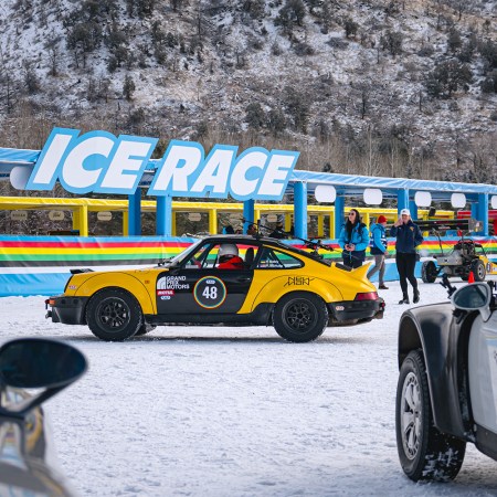 Cars lined up to drive at the F.A.T. Ice Race in Aspen, Colorado in February 2024