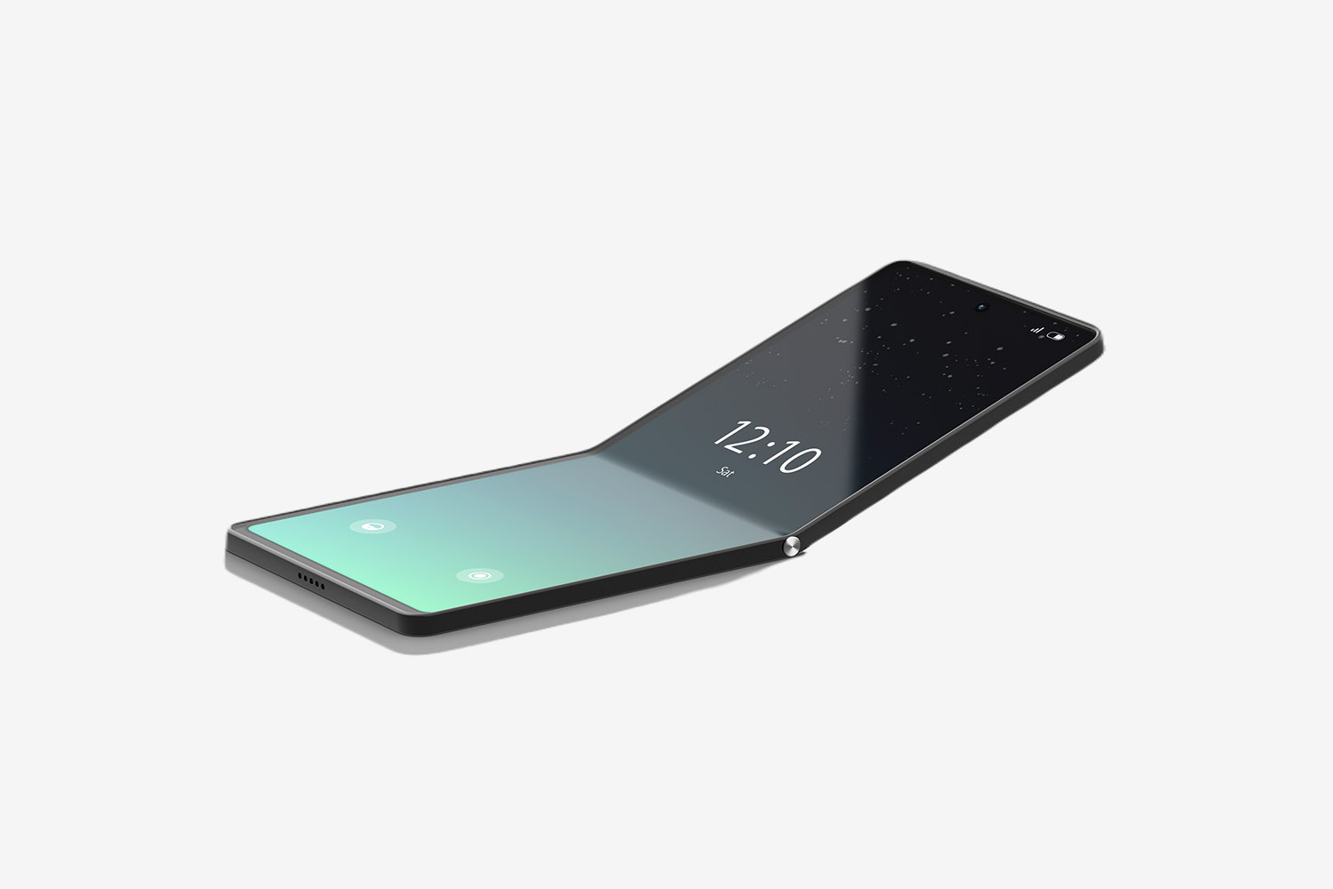 Blank turned on flexible clamshell phone display half folded mockup. It's been reported that Apple is working on a foldable iPhone.