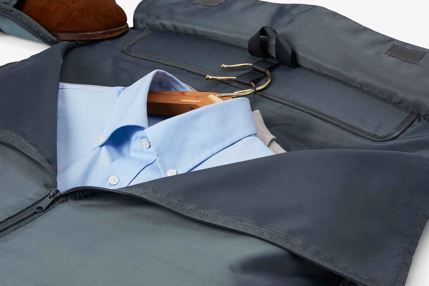 A close-up on the garment bag part of Halfday's Garment Duffel