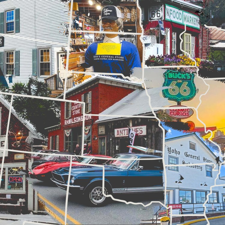 A map of the United States with photos of historic general stores displayed across it. Here's our bucket list of American general stores.