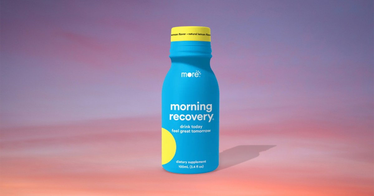 A bottle of Morning Recovery from More Labs against a sunrise background. Is it a hangover cure? We tested it.