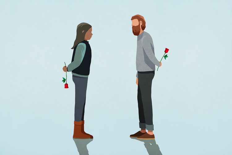 An illustration of a man and a woman holding roses behind their backs. Today, we chat with Esther Perel about advice for rekindling romance in relationships.