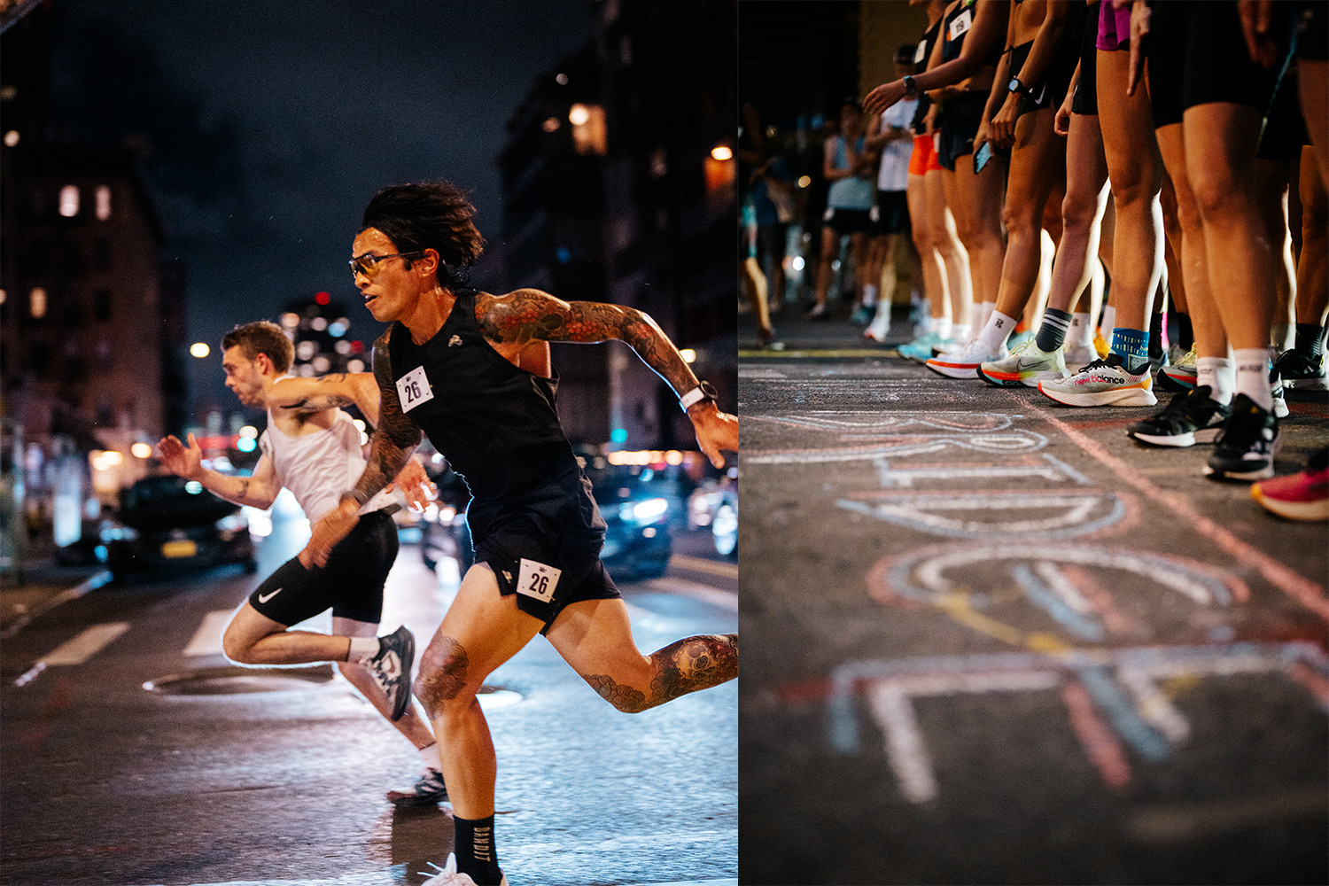 A split-frame photo, with TTB runners in action on one side, and sneakers on the start line in the other.