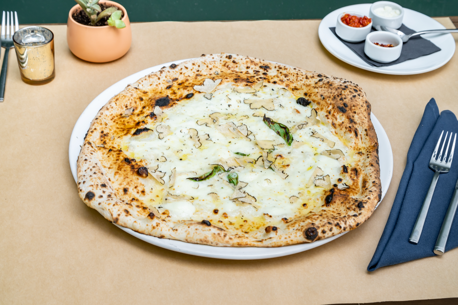 pizza with white sauce and truffle