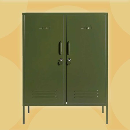 Mustard Made Midi Locker in Olive Green on a yellow background with circles.