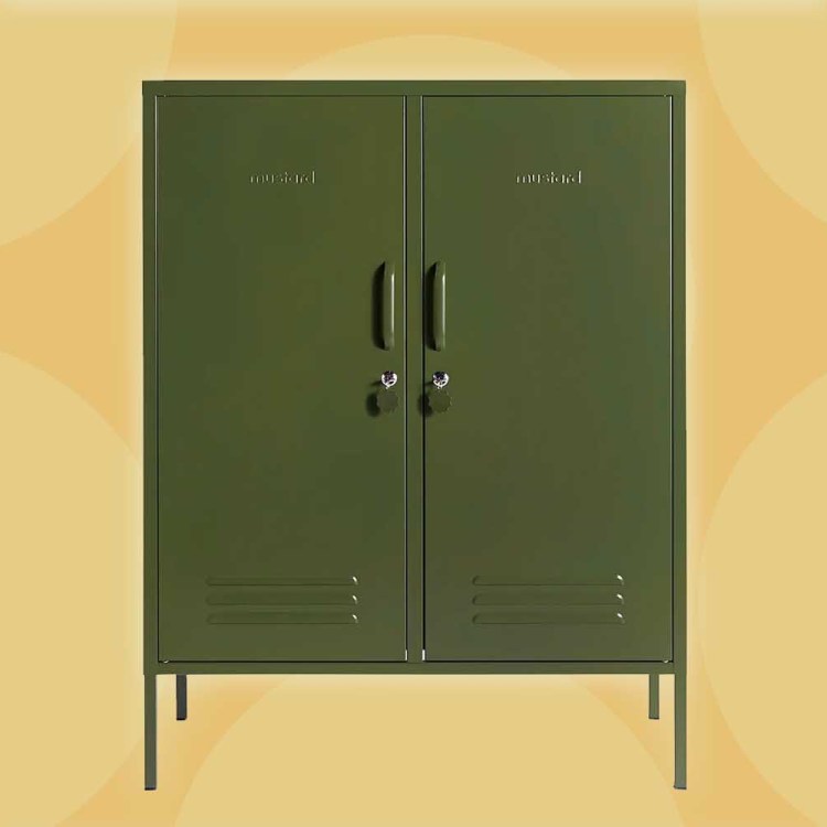 Mustard Made Midi Locker in Olive Green on a yellow background with circles.
