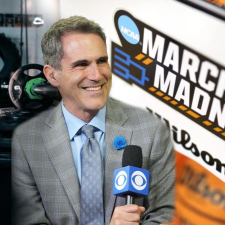 Broadcaster Seth Davis, flanked by gym equipment to his left and the March Madness logo to his right.