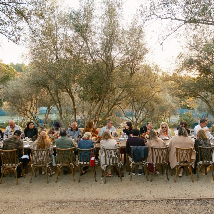 people sitting down at table eating, trees and tennis court in background