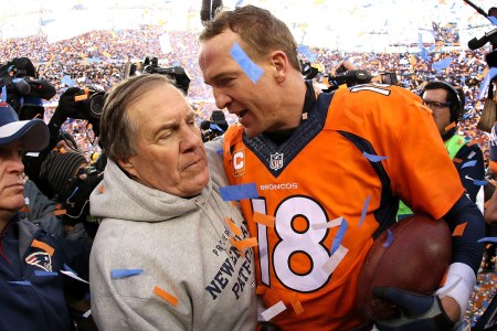 Peyton Manning and Bill Belichick speak after the 2016 AFC Championship game in Denver. Could they team up on TV?