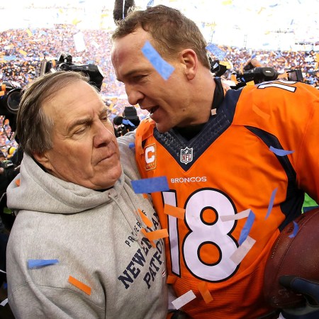 Peyton Manning and Bill Belichick speak after the 2016 AFC Championship game in Denver. Could they team up on TV?