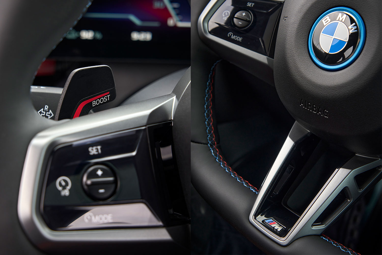 Steering wheel on the BMW i5 M60, with a detail of the Boost paddle pull