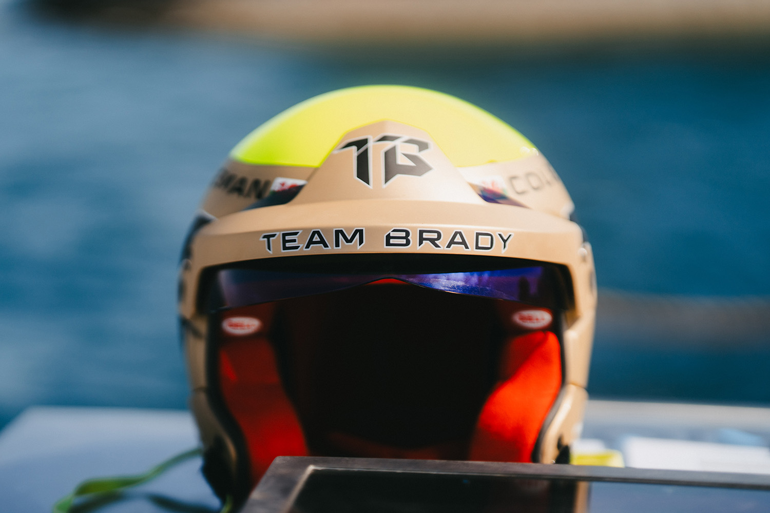 A close-up of a Team Brady pilot's helmet.