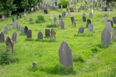 A cemetery with flush green grass surrounding the tombstones.