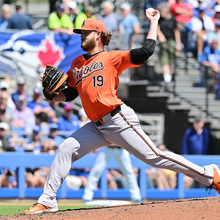 Cole Irvin #19 of the Baltimore Orioles delivers a pitch to the Toronto Blue Jays in the first inning during a 2024 Grapefruit League Spring Training game at TD Ballpark on March 19, 2024 in Dunedin, Florida
