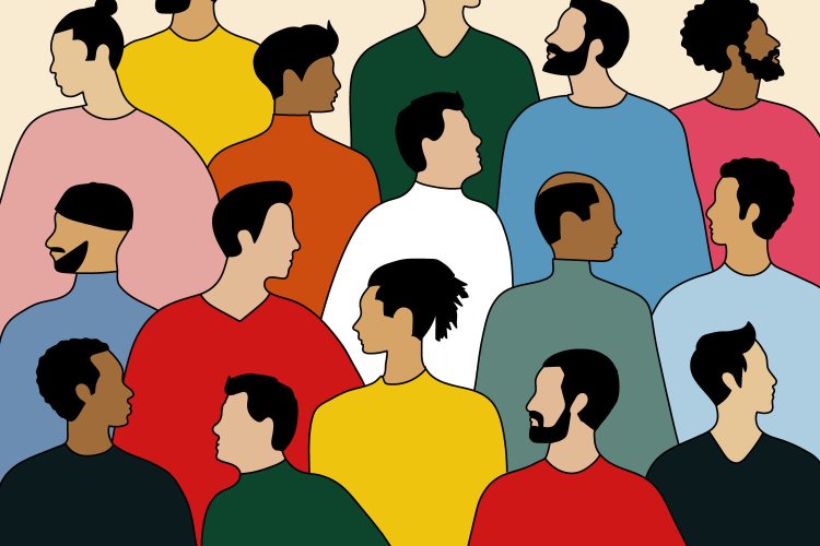 An illustration of a group of men. We look at the state of male friendships and what some are calling the "male friendship recession."