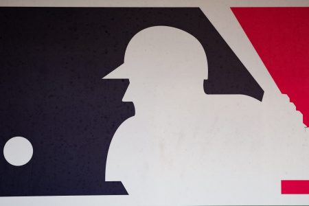 A general view of the MLB logo in a dugout.