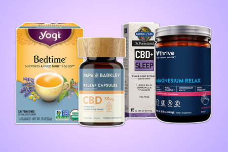From Left to right: Yogi Bedtime Tea, Papa Barkley CBD, Dr. Formulated CBD, Thrive Magnesium Powder