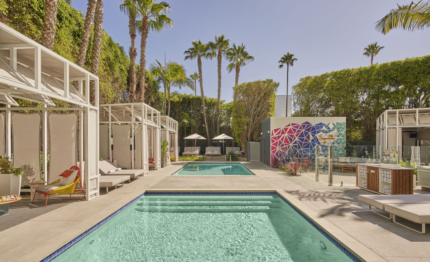 pool, cabana, palm trees