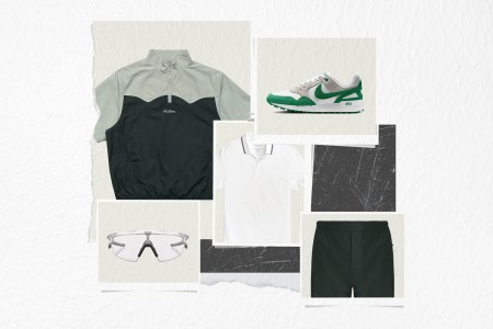 A collage of golf gear on a photo background