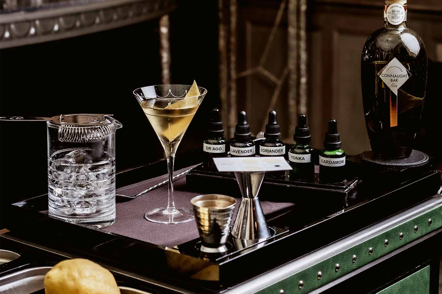 The Connaught Martini on a bar cart