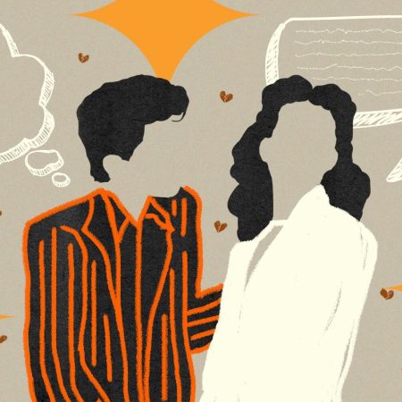 An illustration of a man and woman talking. We explore the phenomenon of men not asking women questions on dates.
