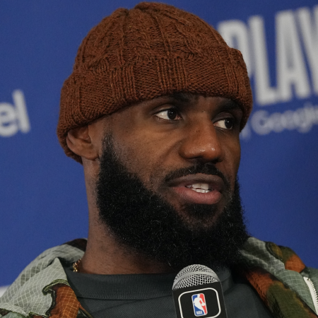 LeBron James talks to the media after losing.