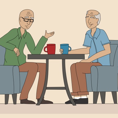 Two men, one a Republican and one a Democrat, sitting at a coffee shop in an illustration. We spoke with two men, one a Trump voter and one a Biden voter, about how they became friends despite political differences.