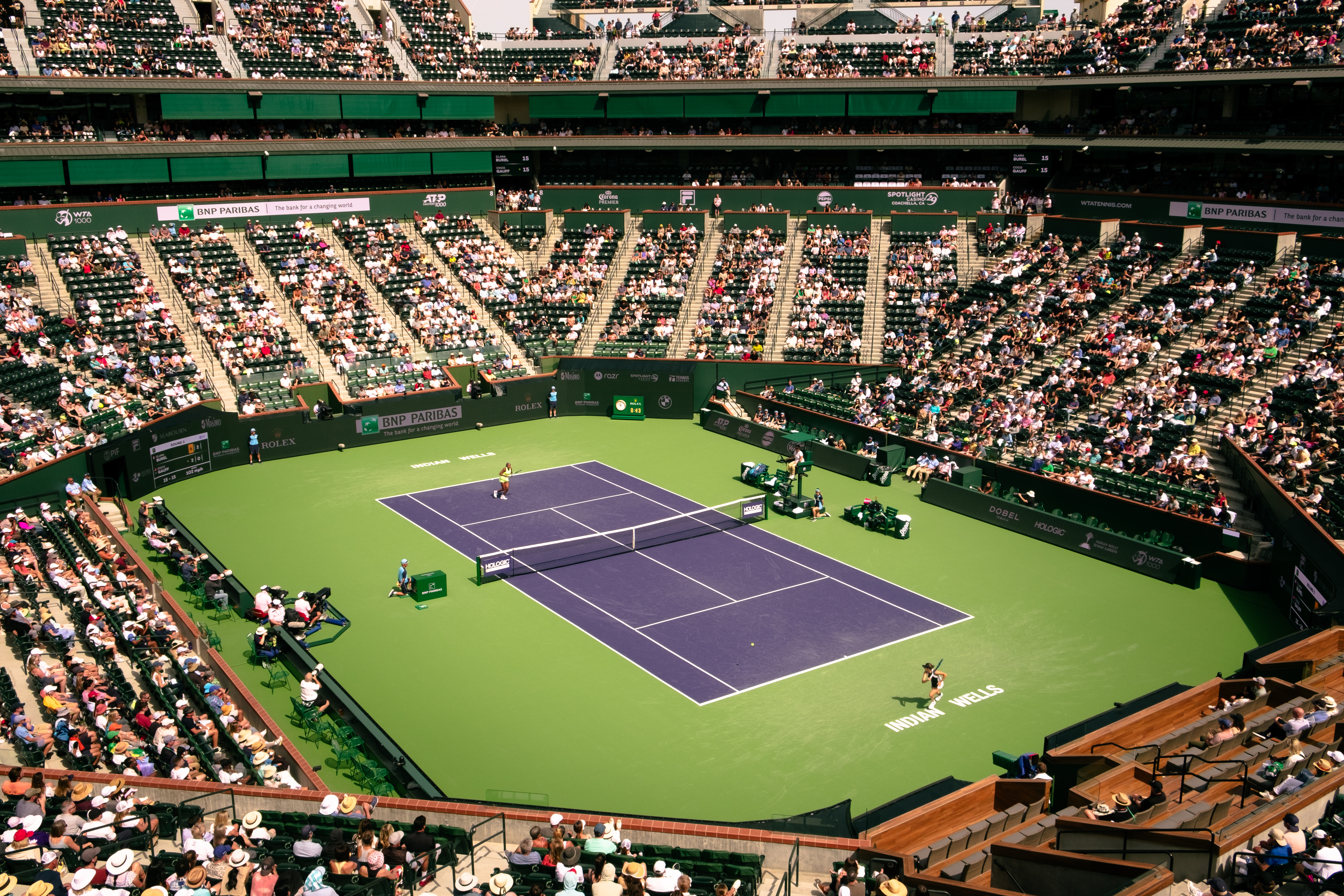 A view of the green and purple court at Indian Wells.