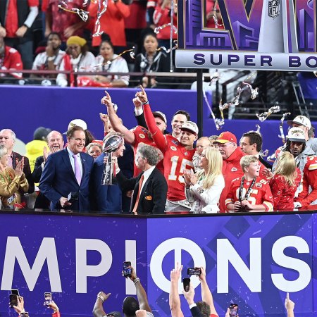 The Kansas City Chiefs celebrate with the Lombardi Trophy.