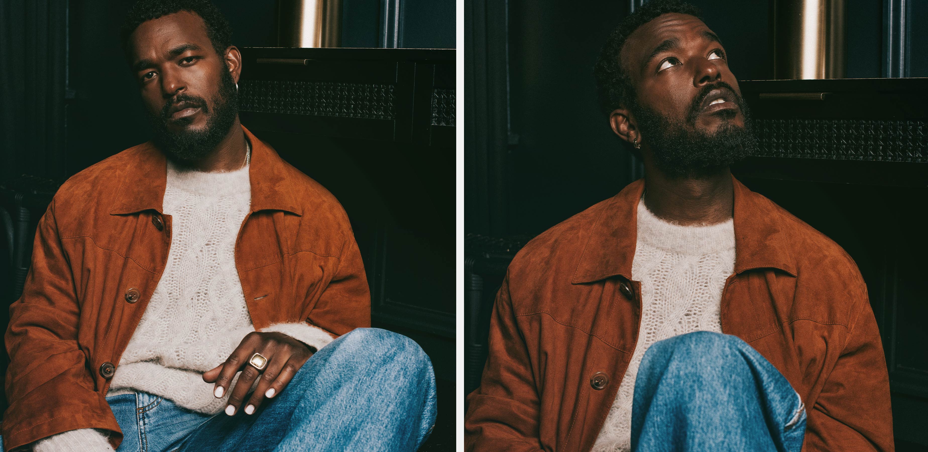 The actor Luke James lounging in an NB44 jacket and Isabel Marant sweater during a photoshoot