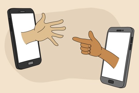 An illustration of two phones with hands extending from them. Can friendship apps really lead to true friends? Our writer tested two of them to find out.