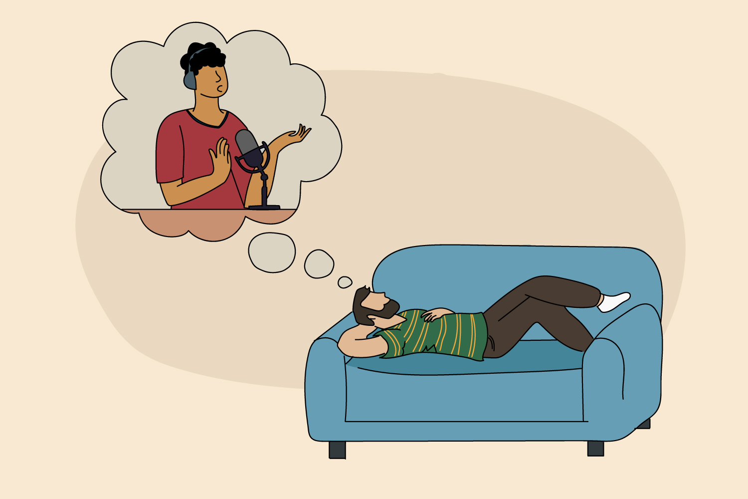 An illustration of a man laying on a couch thinking about a podcaster