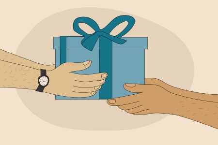 An illustration of one man handing a birthday gift to another. We take a look at the art of gift-giving among adult men, and how they can do better.