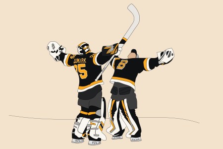 An illustration of Boston Bruins goalies Jeremy Swayman and Linus Ullmark doing their trademark post-game hug