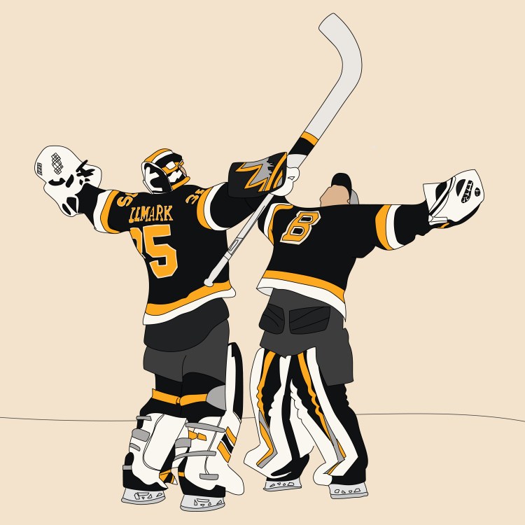 An illustration of Boston Bruins goalies Jeremy Swayman and Linus Ullmark doing their trademark post-game hug