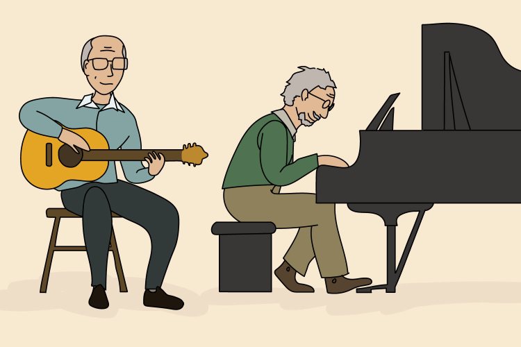 Two guy friends, one sitting playing guitar and the other on piano. Here's the friendship advice from my dad and his bandmate of nearly 50 years.