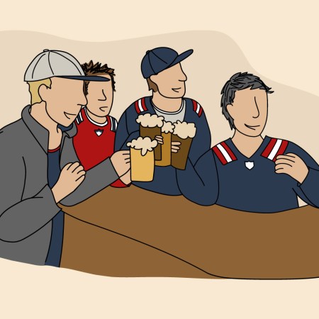 An illustration of four guy friends in a bar. We talk to a man who in Cincinnati who made friends by creating a real-life "Cheers."