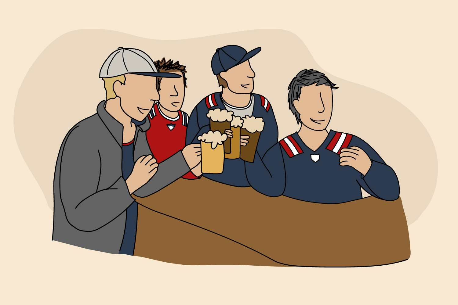 An illustration of four people in a bar with beer