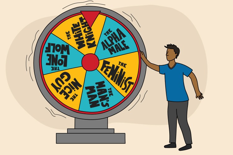 An illustration of a man spinning a wheel with six different types of masculinity, including alpha male, feminist and white knight.