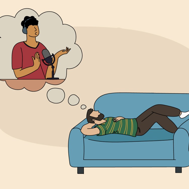 An illustration of a man lying on a couch, daydreaming about a podcaster. We look at how parasocial relationships with podcasters are impacting real friendships