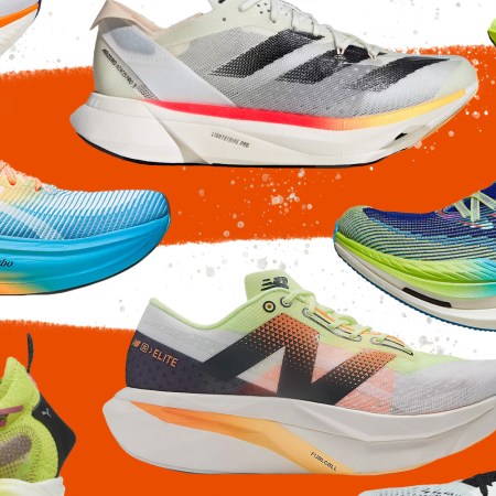 A collage of super shoes on a red stripe background