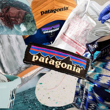 A collage of images of Patagonia clothing, synthetic microfibers, microplastics, laundry and bodies of water. Our story looks at Patagonia's microplastics problem.